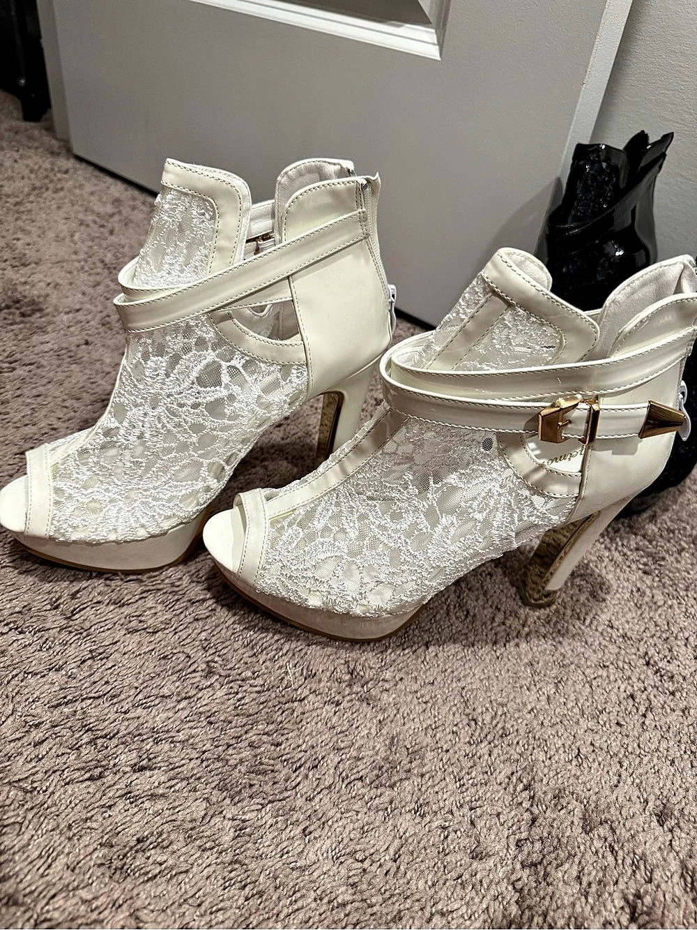 getmorebeauty Mesh Cut-Out Platform Metallic Block Heel Booties Lace Detail
